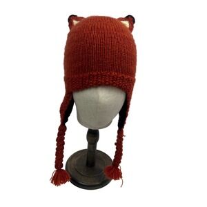Andes Gifts Knitted Fox‎ Hat with Braids Orange Alpaca Blend Youth Kids Adult